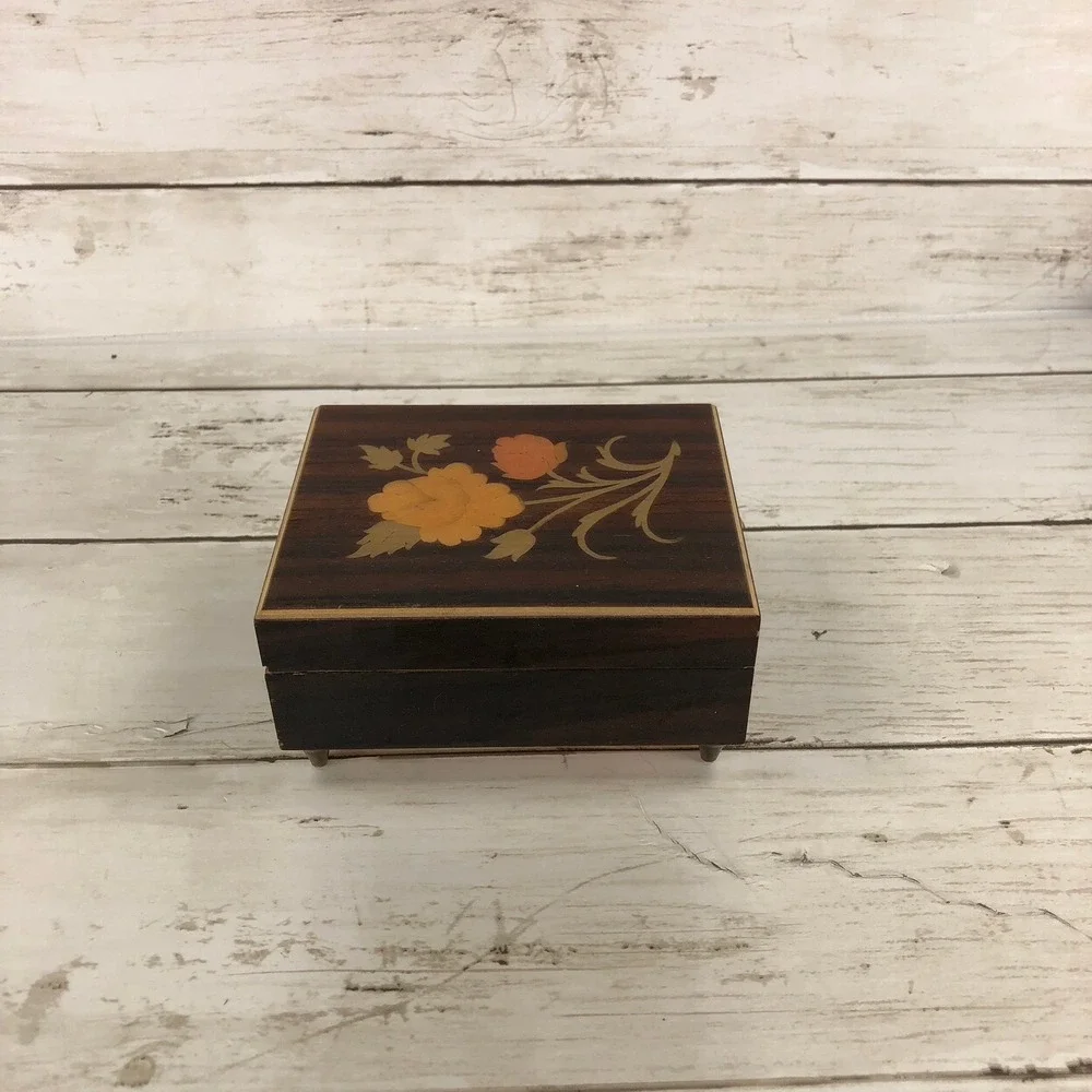 Vintage Mapsa Swiss Musical Movement Wood Jewelry Box Edelweiss Floral Inlay
